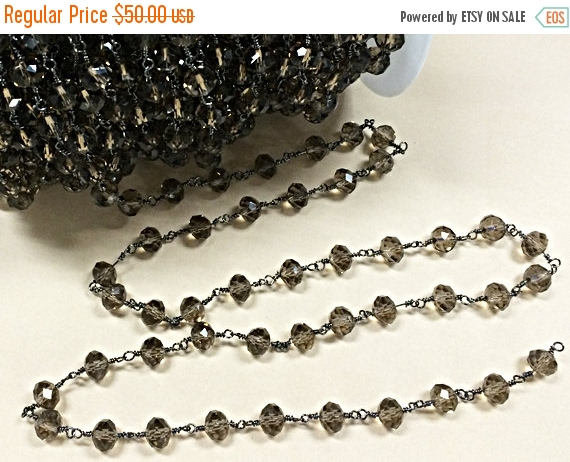 10 feet 8mm Smokey Topaz wire wrapped chain by Foot, 8x6mm crytsal Rondells Gunmetal wire - CH221-10 - BeadPrism