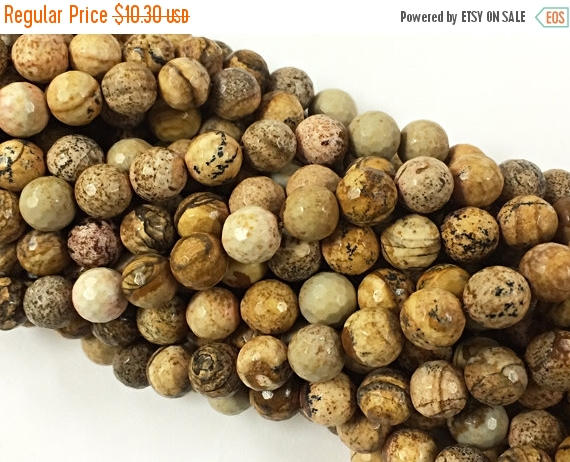 10mm Picture Jasper Faceted Round Gemstone Beads, 15.5 Inch Strand 39 Beads, Cream Brown - SJAS115 - BeadPrism