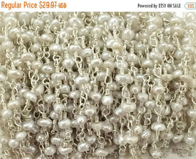 3 Feet Freshwater Pearl 3mm Faceted Gemstone Silver Plated Wire Wrapped Chain By Foot - CHGS-FWPSP - BeadPrism