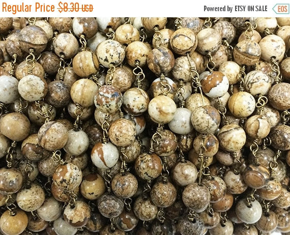 1 Foot 8mm Picture Jasper Smooth Round Gemstone Chain By foot, Antique Gold Wire Chains - CH250 - BeadPrism