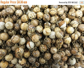 1 Foot 8mm Picture Jasper Smooth Round Gemstone Chain By foot, Antique Gold Wire Chains - CH250 - BeadPrism