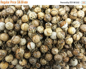 1 Foot 8mm Picture Jasper Smooth Round Gemstone Chain By foot, Antique Gold Wire Chains - CH250 - BeadPrism