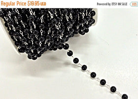 3 Foot 8.5mm Black Glass Pearl Silver Plated Wire Wrapped Chain by Foot Rosary Bead Chain - CHGS23 - BeadPrism
