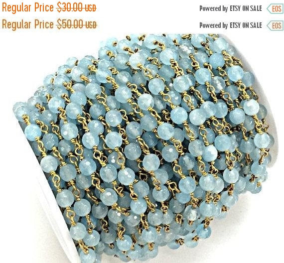 3 Feet 6mm Blue Jade Wire Wrapped Chain faceted Round Jade Gemstone Beads, Chain by Foot - CHGS21 - BeadPrism