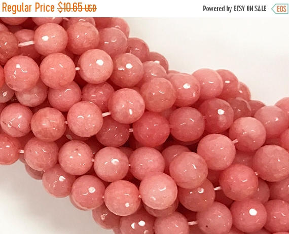 10mm Jade Salmon Coral Pink Color Gemstone Faceted Round Bead Full 14.5 Inch Strand 38 Bead - SJA153 - BeadPrism