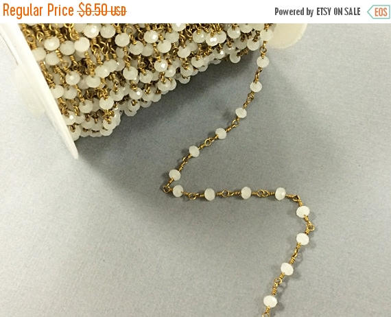 1 Ft 4mm Faceted Round Moonstone Crystal Glass Gold Plated Wire Wrapped Rosary Beaded chain - CH209 - BeadPrism