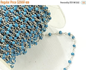 3 Feet Turquoise 3mm Faceted Gemstone Silver Plated Wire Wrapped Chain By Foot Wholesale - CHGS-TQSP - BeadPrism