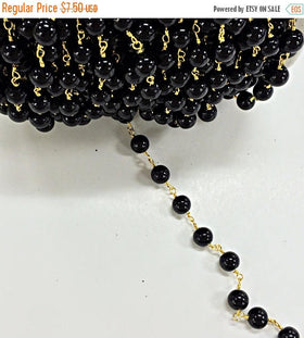 1 Foot 8mm Black Glass Pearl Gold Plated Wire Wrapped Chain by Foot Rosary Bead Chain - CHGS23 - BeadPrism