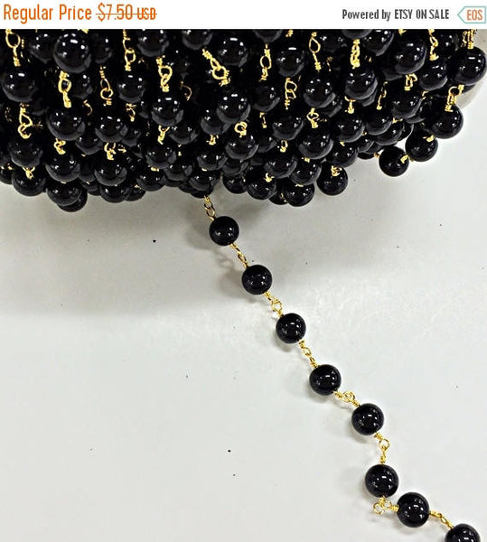 1 Foot 8mm Black Glass Pearl Gold Plated Wire Wrapped Chain by Foot Rosary Bead Chain - CHGS23 - BeadPrism