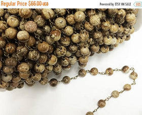 10 Feet 8mm Picture Jasper Smooth Round Gemstone Chain By foot, Antique Gold Wire Chains - CH251-10 - BeadPrism
