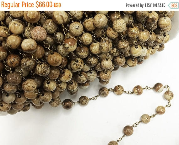 10 Feet 8mm Picture Jasper Smooth Round Gemstone Chain By foot, Antique Gold Wire Chains - CH251-10 - BeadPrism
