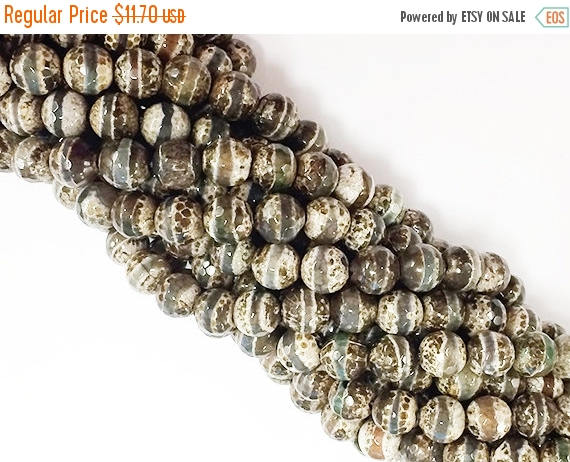8 mm Tibet Agate Ivory Grey Cream Brown Gemstone Strand faceted Full 15" Strand 47 Beads - SAGT502 - BeadPrism