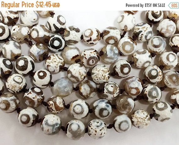 10mm Tibet Agate White Ivory Grey Cream Brown Gemstones faceted Full 14" Strand 38 Beads - SAGT154A - BeadPrism