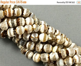 8mm Tibet Agate White, Ivory, Grey, Cream, Brown Gemstone faceted Full 14" Strand 47 Beads - SAGT505 - BeadPrism
