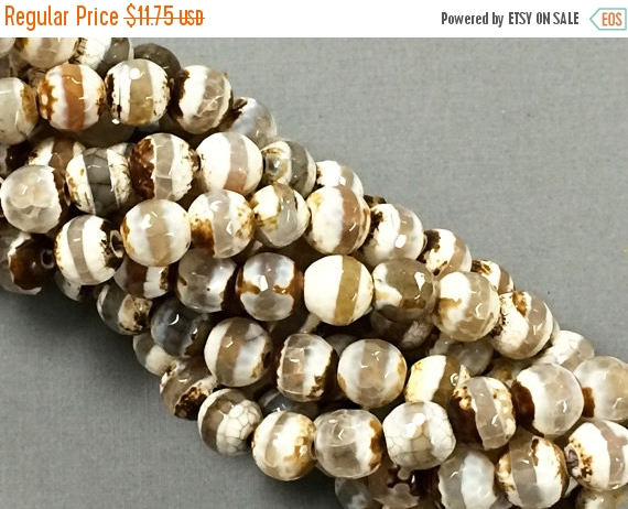 8mm Tibet Agate White, Ivory, Grey, Cream, Brown Gemstone faceted Full 14" Strand 47 Beads - SAGT505 - BeadPrism