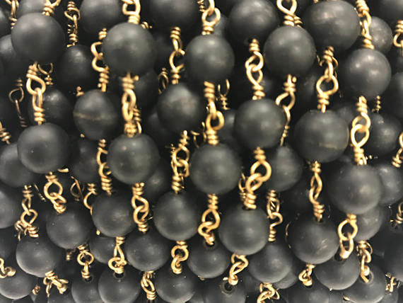 40%OFF 1Ft 8mm Black Matte Seaglass Gold Plated Wire Wrapped Rosary Bead Chain by Foot -CH255 - BeadPrism