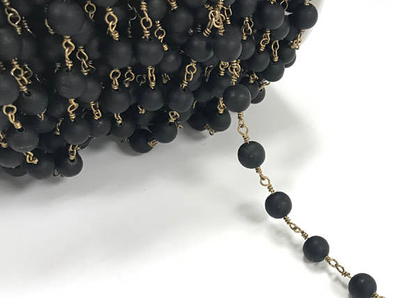 40%OFF 1Ft 8mm Black Matte Seaglass Gold Plated Wire Wrapped Rosary Bead Chain by Foot -CH255 - BeadPrism