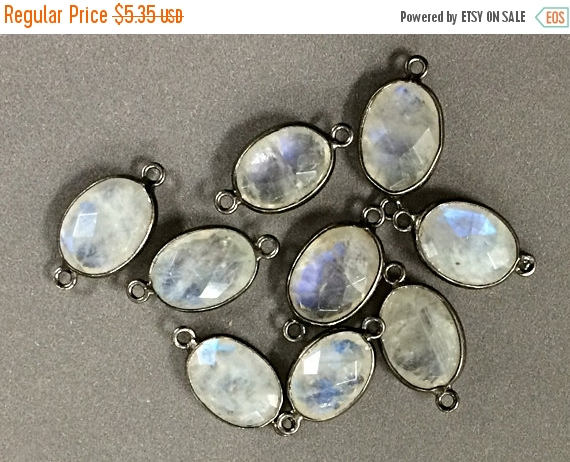Bezel Link Connector Natural Rainbow Moonstone Faceted 2 sides 11x21mm, Stone 11x14mm Gunmetal 1 Pc - BeadPrism
