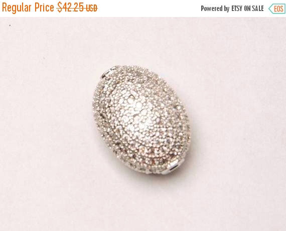 5 Pc 15mm Oval Bead CZ Pave Beads, White Gold/Rhodium Plated AAA quality Horizontal Hole - BMP20Rd-5 - BeadPrism