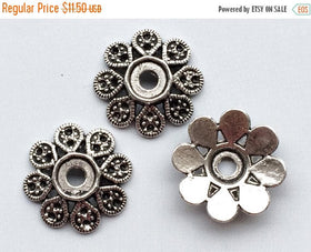 10 pc Tibetan 21mm Large Bead Cap Antique Silver Tone Pewterfor - PBF078 - BeadPrism