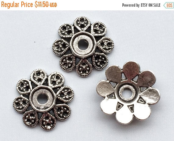 10 pc Tibetan 21mm Large Bead Cap Antique Silver Tone Pewterfor - PBF078 - BeadPrism