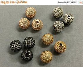 1 Pc 12mm CZ Pave Zircon Round Spacer Beads 2.5mm Hole, Choose color Gold, Rose Gold, Rhodium, Black - BeadPrism