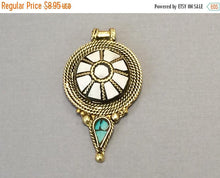 Load image into Gallery viewer, Weekly Sale Tibetan Pendant White and Turquoise Inlay 2.5 inch Antique  Brass Plated - AP115_W - BeadPrism