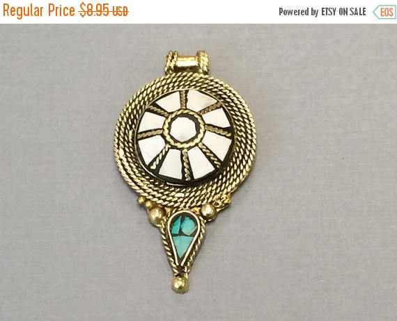 Weekly Sale Tibetan Pendant White and Turquoise Inlay 2.5 inch Antique  Brass Plated - AP115_W - BeadPrism