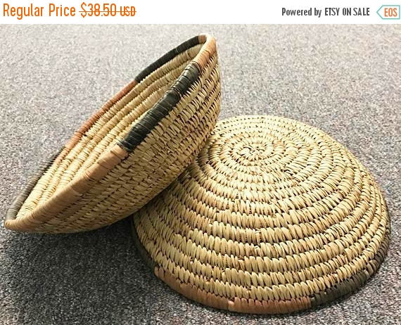 Vintage African Basket, Coiled Woven Nigeria Haus Tight Weave Vintage Basket 11-12" diameter - CO - BeadPrism