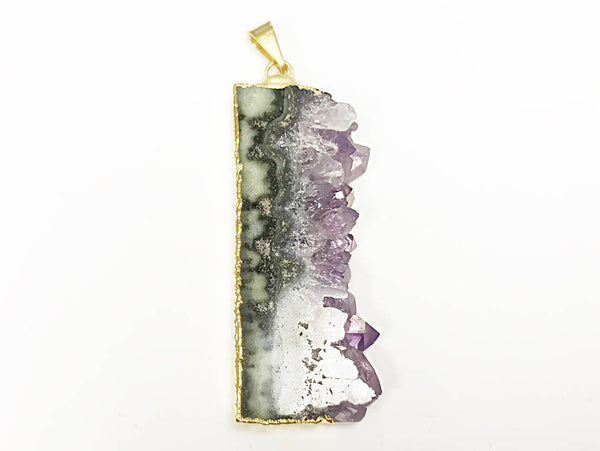 1 Pc Amethyst Slice Bar Druzzy Gold Electroplated Edged 3 Sides Pendant 1.6" large - DP9-AMEBar - BeadPrism