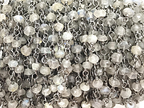 Labodorite 3mm Faceted Gunmetal Plated Wire Wrapped Chain 1 Foot Black Rosary chain - CHGS12-LB - BeadPrism
