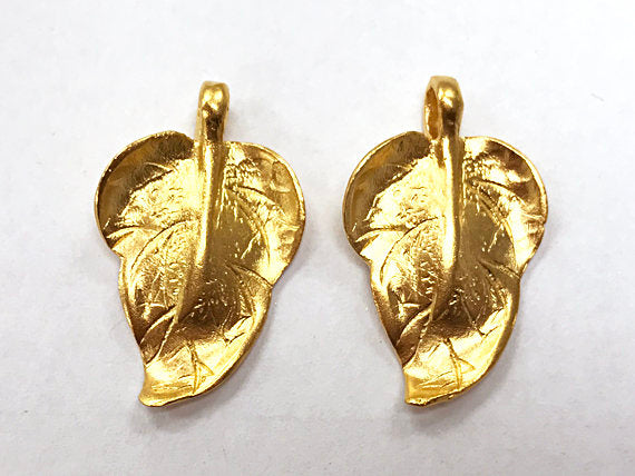 24K Gold Vermeil Over Sterling Silver Leaf Pendant 1", 24 x 15mm, 2mm hole Satin Matte - VF1075 - BeadPrism