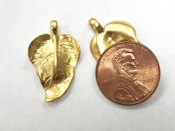 24K Gold Vermeil Over Sterling Silver Leaf Pendant 1", 24 x 15mm, 2mm hole Satin Matte - VF1075 - BeadPrism