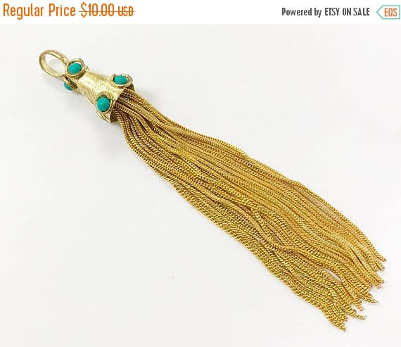 Gold Tassel Pendant, Large 5" Turqiouse 7 Gemstones, Jewelry Tassels, Gemstone Tassels - HP107T - BeadPrism