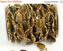 Load image into Gallery viewer, 1Ft Tigereye Bezel Connector Gemstone Chain - 9 bezels/ft - Gold Plated Rosary Chain By Foot - CH157 - BeadPrism