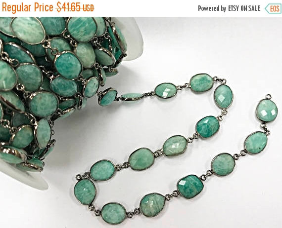 Bezel Gemstone Chain, Amazonite Faceted 15mm Oxidized, Sterling silver Bezel Chain 1 Feet - CHGS30 - BeadPrism