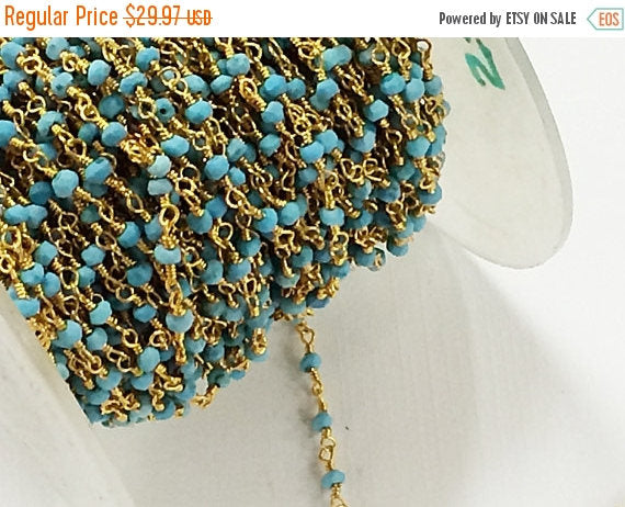 3 Feet Turquoise 3mm Faceted Gemstone Gold Plated Wire Wrapped Chain, Wholesale - CHGS-TQ - BeadPrism