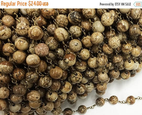 3 Feet 8mm Picture Jasper Faceted Round Gemstone Chain By foot, Antique Gold Tone Wire - CH251-3 - BeadPrism