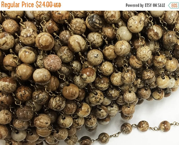 3 Feet 8mm Picture Jasper Faceted Round Gemstone Chain By foot, Antique Gold Tone Wire - CH251-3 - BeadPrism