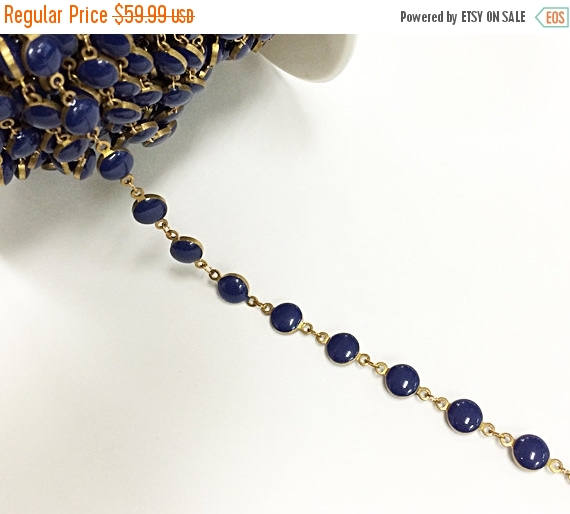 10 Feet Vintage Lapis Blue Enameled Station Brass Beaded Bohemian Chain - CH139-LA - BeadPrism