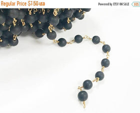 40%OFF 1Ft 8mm Black Matte Seaglass Gold Plated Wire Wrapped Rosary Bead Chain by Foot -CH255 - BeadPrism