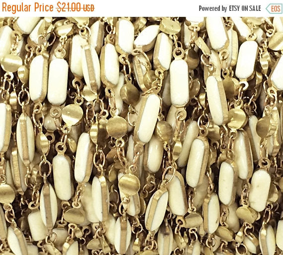 3 Ft White Ivory Enameled Rectangle Bars Brass Beaded Bohemian Chain by foot Vintage Style - CH138-3 - BeadPrism