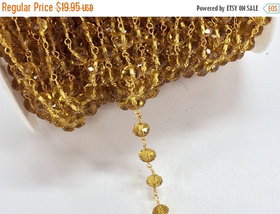 3 Ft 8mm Golden Shadow Faceted Rondell Crystal Glass Gold Plated Wire Wrapped chain by foot - CH167 - BeadPrism