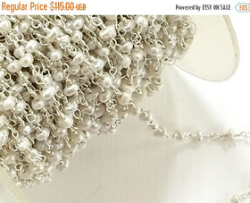 10 Feet Freshwater Pearl 3mm Sterling Silver Wire Wrapped Chain By Foot Wholesale - CHGS-FWPSS - BeadPrism