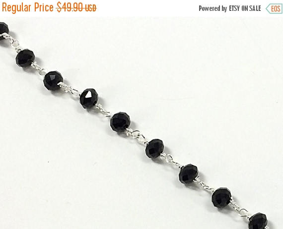 10 Foot 6mm Black Crystal Silver Plated Wire Wrapped Chain by Foot, Rosary Bead Chain - CH182 - BeadPrism