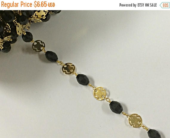 1 Ft 10mm Black Oval Crystal w/ Gold Plated Connector Wire Wrapped Rosary Bead Chain by Foot - CH207 - BeadPrism