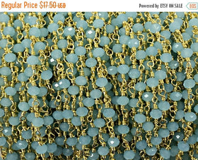 3 Feet 6mm Pacific Blue Crystal Gold Plated Wire Wrapped Chain by Foot, Rosary Bead Chain - CH241-3 - BeadPrism