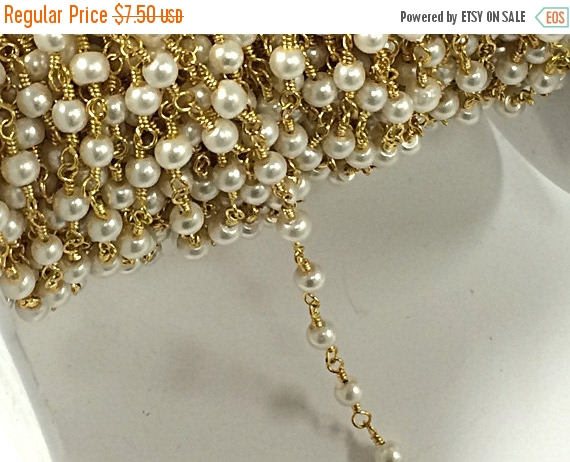 4mm White Cream Glass Pearl Gold Plated Wire Wrapped Chain by Foot Rosary Bead Chain 1 Ft - CH215-10 - BeadPrism