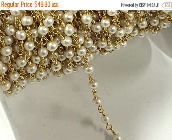 10 Feet 4mm White Cream Glass Pearl Gold Plated Wire Wrapped Rosary Bead Chain by Foot - CH215-10 - BeadPrism