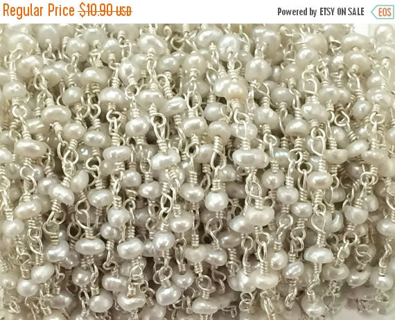 1 Feet Freshwater Pearl 3mm Faceted Gemstone Silver Plated Wire Wrapped Chain By Foot - CHGS-FWPSP - BeadPrism